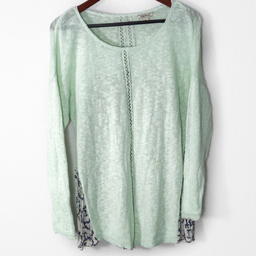 Lucky Brand Knit Sweater Green Size L Y2K Boho Floral Panel Retro Colorful